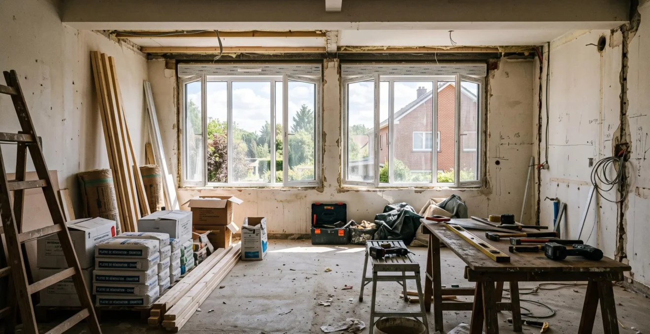 Espace intérieur en cours de rénovation avec fenêtres neuves installées et chantier vide